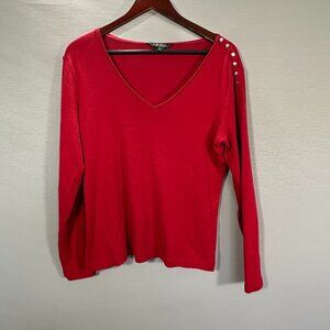 Lauren Ralph Lauren Top Women XL Red Cotton Knit Long Sleeve Button Shoulder Tee